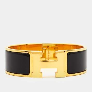 Pre Owned Hermes Clic Clac H Black Enamel Gold Plated Wide Bracelet