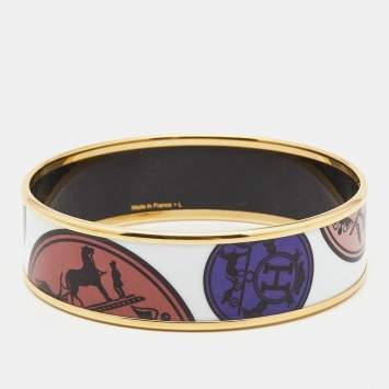 Pre Owned Hermès 'Confettis D'Ex Libris' Enamel Gold Plated Wide Bangle Bracelet