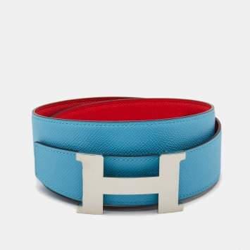 Pre Owned Hermes Rouge du Coeur/Bleu de Nord Epsom Leather Constance Reversible Belt 90CM