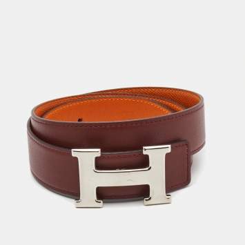 Pre Owned Hermes Orange/Rouge H Epsom Leather H Buckle Reversible Belt 85CM