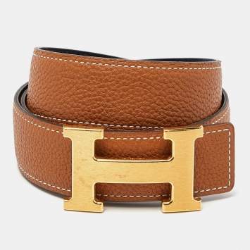 Pre Owned Hermes Black/Gold Chamonix/Togo Leather H Buckle Reversible Belt 90CM