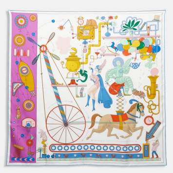 Pre Owned Hermès White Tea for Two Printed Silk Square Scarf