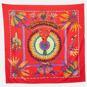 Pre Owned Hermès Red Brazil Printed Silk Square Scarf