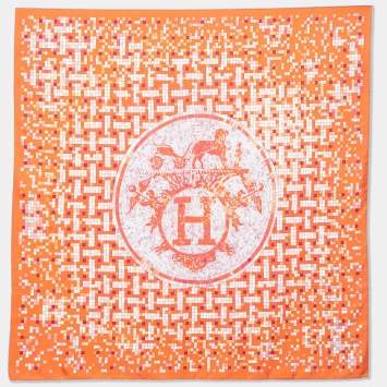 Pre Owned Hermès Orange Mosaique Au 24 Printed Silk Square Scarf