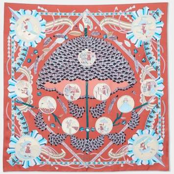 مملوكة مسبقًا Hermès Burgundy L'Ombrelle Magique Printed Silk Square Scarf