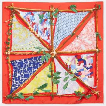 Pre Owned Hermès Red Le Robinson Chic Printed Silk Square Scarf