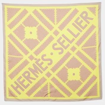 Pre Owned Hermes Yellow Hermes Sellier Printed Silk Square Scarf