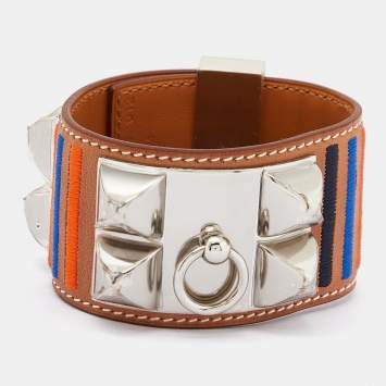 Pre Owned Hermes Brown Striped Leather Palladium Plated Collier De Chien Bracelet