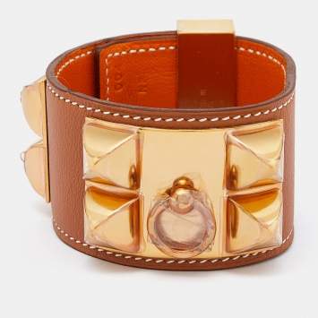 Pre Owned Hermès Brown Leather Gold Plated Collier de Chien Bracelet