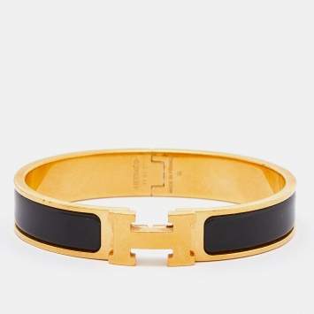 Pre Owned Hermes Black Enamel Gold Plated Clic H Bracelet