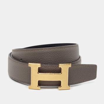 Pre Owned Hermes Chamonix/Togo Epsom And Etain Leather Constance Reversible Belt 80CM