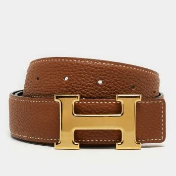 Pre Owned Hermes Black/Gold Box And Togo Leather Constance Reversible Belt 80 CM