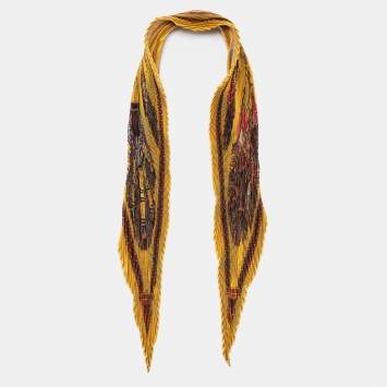 Pre Owned Hermès Mustard Yellow Cuirs Du Desert Printed Silk Plisse Scarf