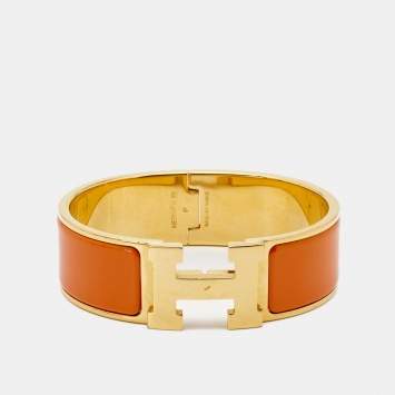 Pre Owned Hermès  Clic Clac H Orange Enamel Gold Plated Bracelet