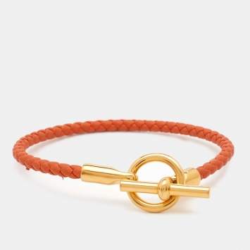 Pre Owned Hermes Glenan Braided Orange Leather Gold Plated Toggle Bracelet