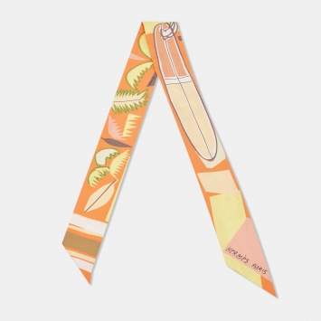 Pre Owned Hermes Orange Sea Surf Printed Silk Twilly
