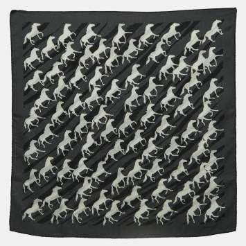Pre Owned Hermès Black & Grey Horse Printed Cashmere & Silk Square Scarf