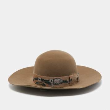 Pre Owned Hermès Etoupe Rabbit Felt Brides de Gala Band Detail Francoise Hat (57)