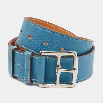 Pre Owned Hermes Blue Jean/Gold Clemence And Swift Leather Etriviere Belt Size 80CM