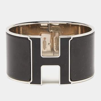 Pre Owned Hermes Clic Clac H Black Enamel Palladium Plated Extra Wide Bracelet 