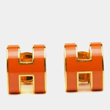 Pre Owned Hermès Pop H Orange Lacquered Gold Plated Stud Earrings