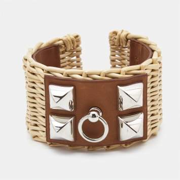 Pre Owned Hermès Medor Picnic Raffia Leather Palladium Plated Cuff Bracelet S