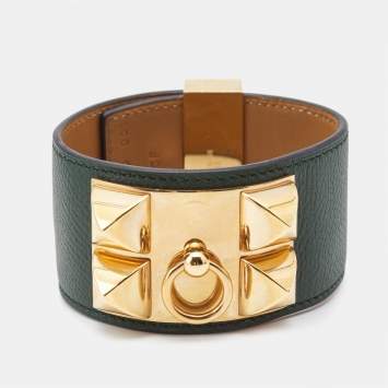 Pre Owned Hermes Collier de Chien Leather Gold Plated Bracelet L