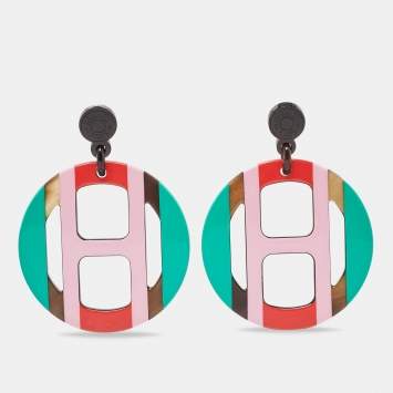 Pre Owned Hermès  Multicolor Horn & Lacquer H Equipe Earrings