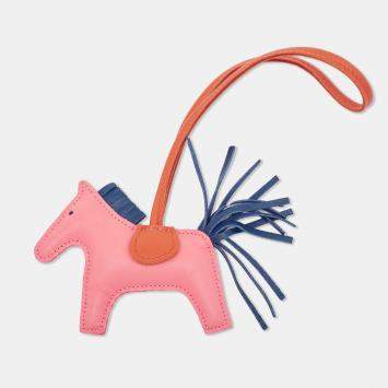 Pre Owned Hermes Rose Azalee/Cornaline/Bleu De Malte Milo Leather GriGri Rodeo Bag Charm PM