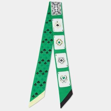 Pre Owned Hermes Green Jeu de Cartes Printed Silk Twilly