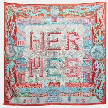 مملوكة مسبقًا Hermes Multicolor Print Super Silk Quest scarf 90