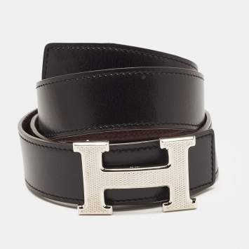Pre Owned Hermes Black/Ebene Box and Togo Leather Guilloche H Buckle Reversible Belt 85CM