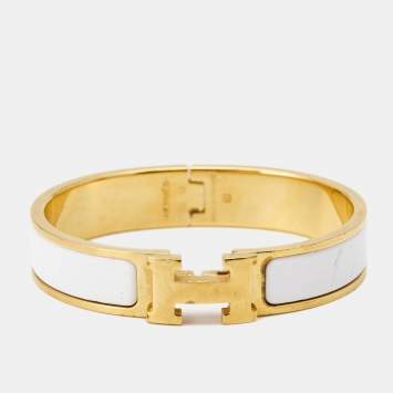 Pre Owned Hermes Clic H White Enamel Gold Plated Bracelet