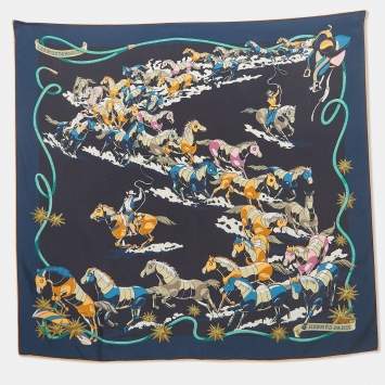 Pre Owned Hermes Navy Blue Les Mustangs II Silk Scarf