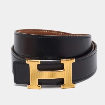 Pre Owned Hermes Black/Brown Box Calf And Togo H Strie Buckle Reversible Belt 90 CM