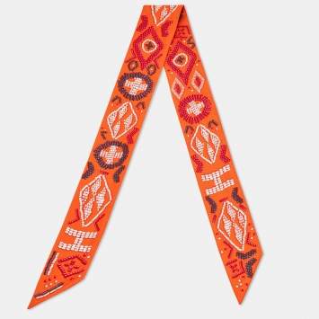 Pre Owned Hermès Orange Kelly En Perles Print Silk Twilly
