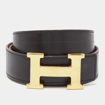 Pre Owned Hermes Black/Fauve Barenia/Box Leather H Buckle Reversible Belt 100CM
