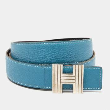 Pre Owned Hermes Black/Bleu Jean Box/Togo Leather Cadena H Reversible Belt 110CM