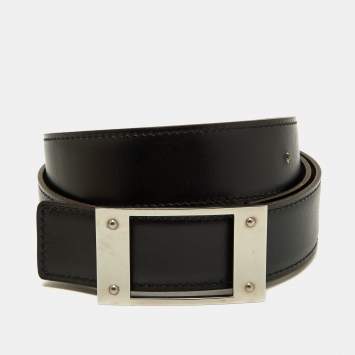 Pre Owned Hermes Black/Chocolat Box and Togo Leather Buckle Reversible Belt 85CM