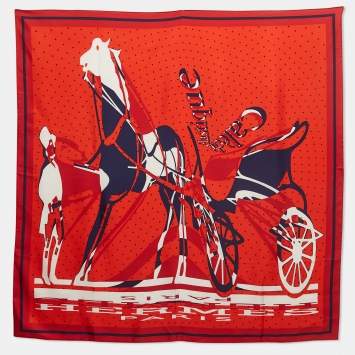 Pre Owned Hermes Red Print Silk Caleche Elastique Square Scarf 