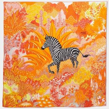 Pre Owned Hermès Orange Print Silk Mountain Zebra Square Scarf