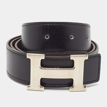 Pre Owned Hermes Noir/Chocolat Chamonix and Togo Leather H Striee Buckle Reversible Belt 85 CM