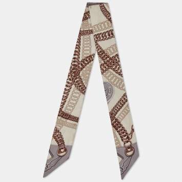 Pre Owned Hermes Beige Maillons Silk Twilly Scarf