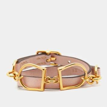 Pre Owned Hermès Etrier Leather Gold Tone Double Tour Bracelet