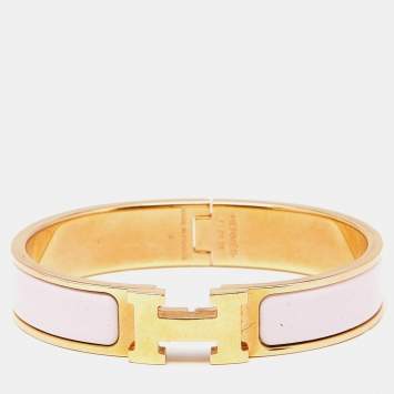 Pre Owned Hermes Clic H Pink Enamel Gold Plated Bracelet