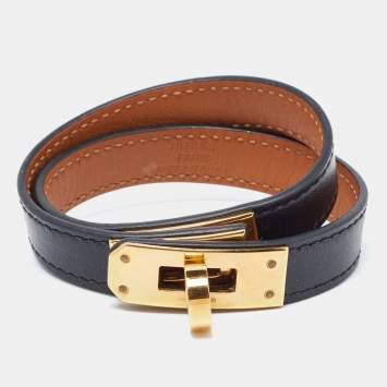 Pre Owned Hermes Kelly Black Leather Gold Plated Double Tour Bracelet