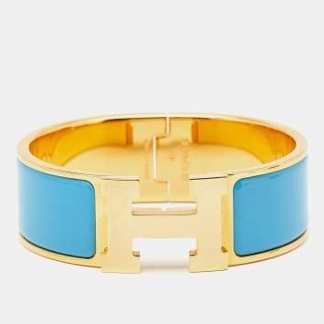 Pre Owned Hermès Clic Clac H Blue Enamel Gold Plated Bracelet