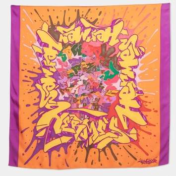Pre Owned Hermès Orange Kongo Graffiti Print Silk Scarf