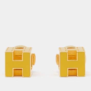 Pre Owned Hermès Cage d'H Yellow Lacquer Gold Plated Stud Earrings