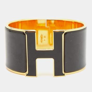 Pre Owned Hermes Clic Clac H Enamel Gold Plated Extra Wide Bracelet